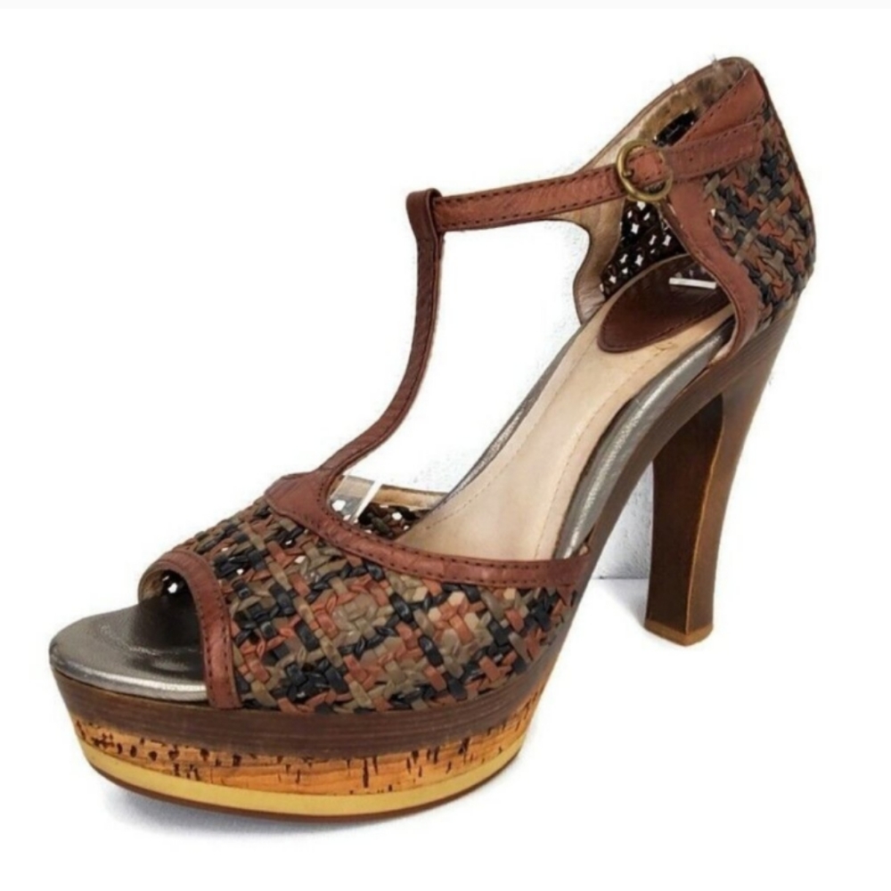 Frye Kara T-Strap Boho Leather High Heel Open Toe Cork Wooden Platform Size 10